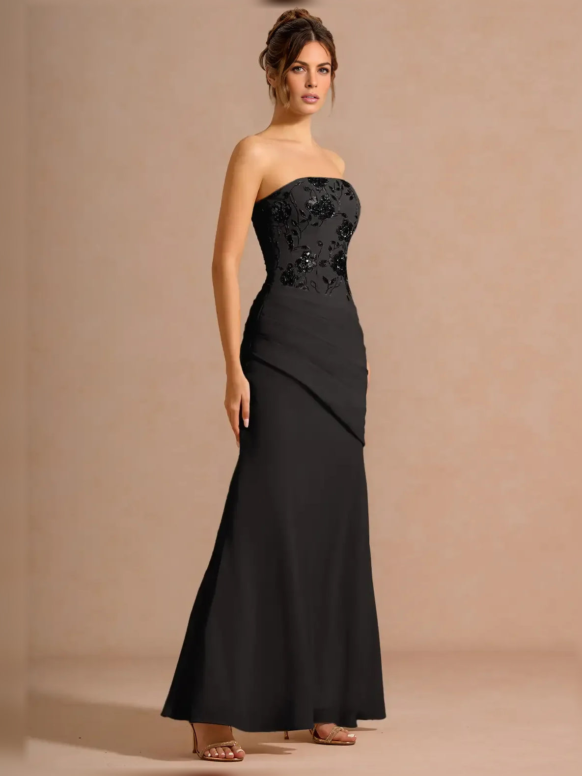 Black sheath midi formal dress with draping, alternate view
