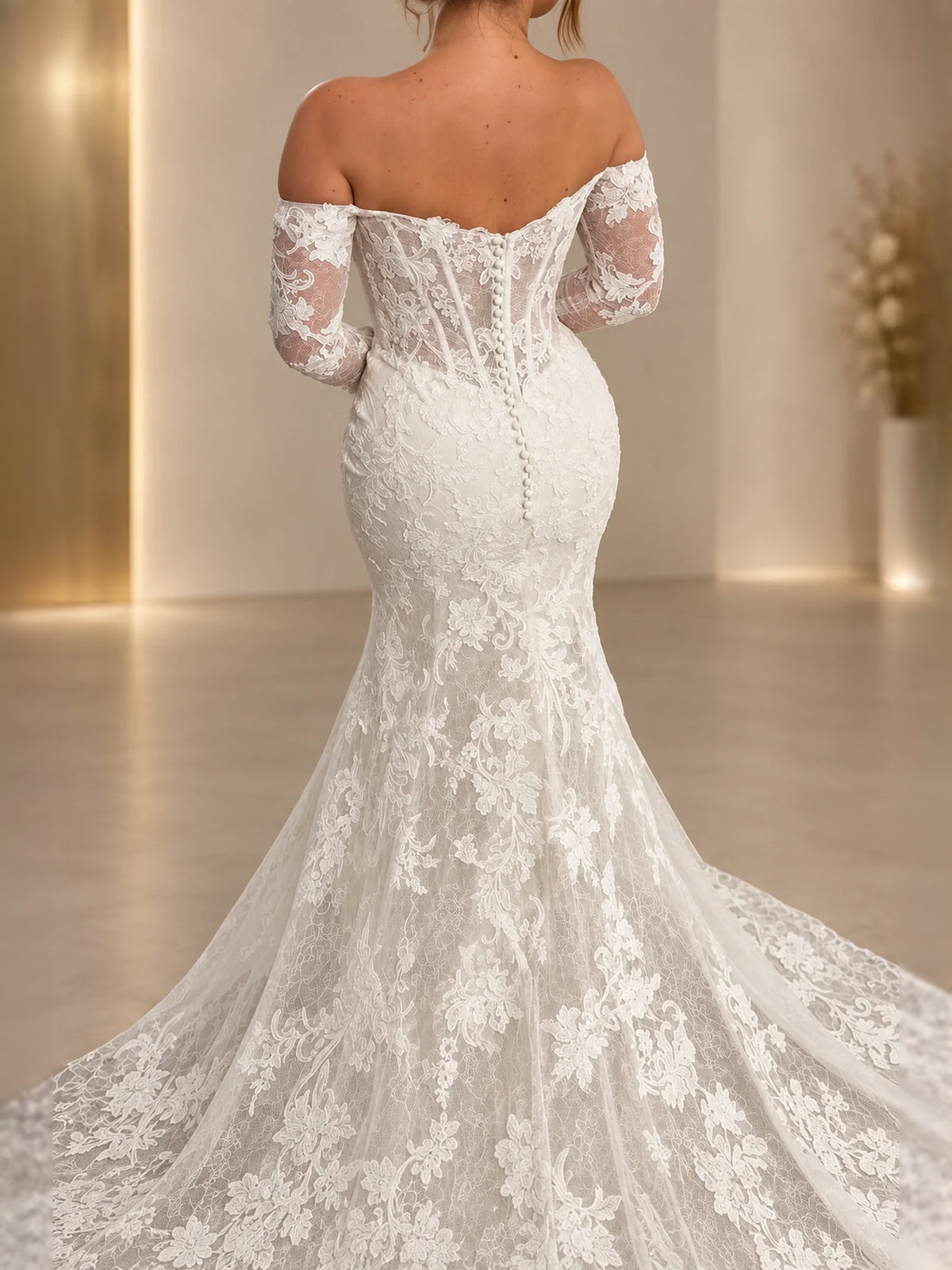 Ivory floor-length wedding dress, alternate view showing the dress shape and hem