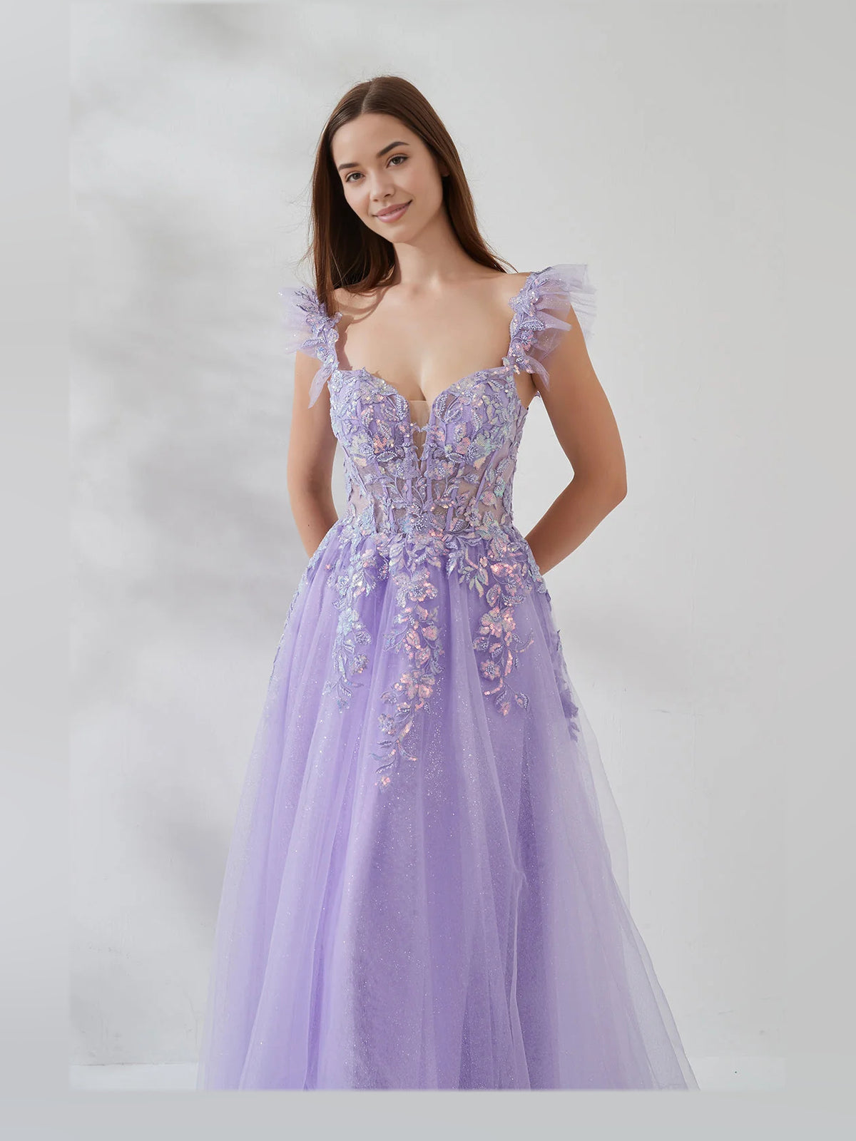 Lavender floor-length prom dress, alternate view showing the dress shape and hem