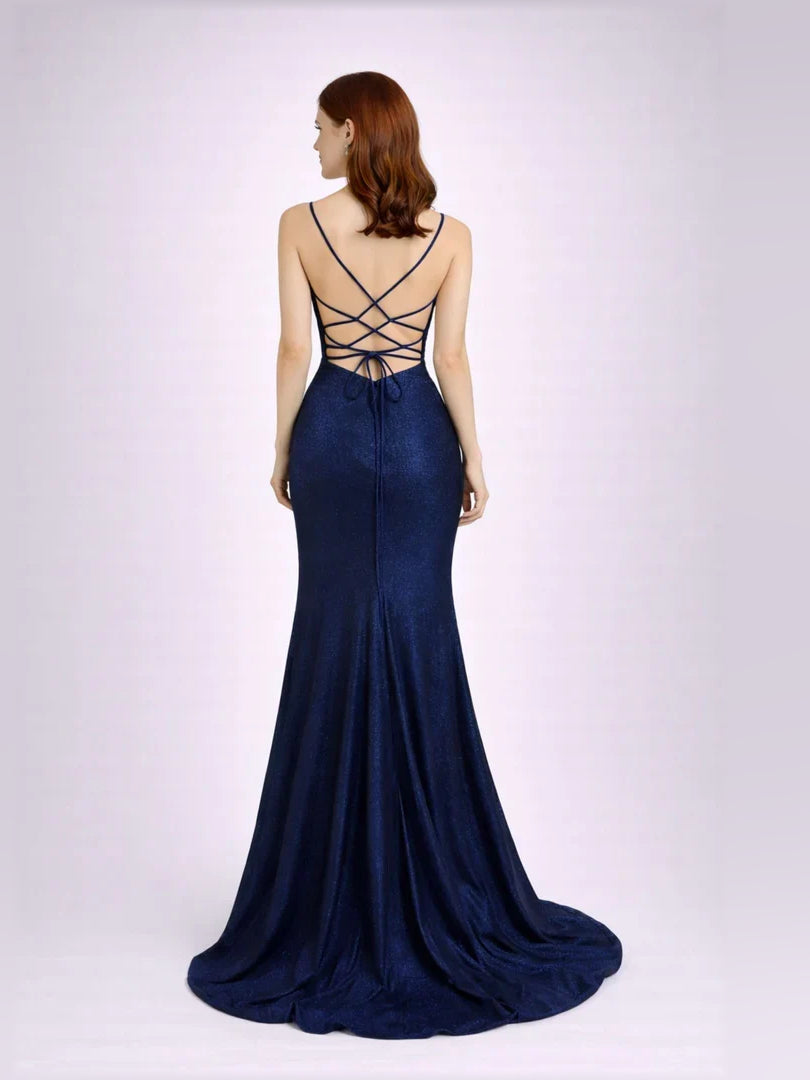 Navy Blue mermaid floor-length formal dress with skirt slit, alternate view