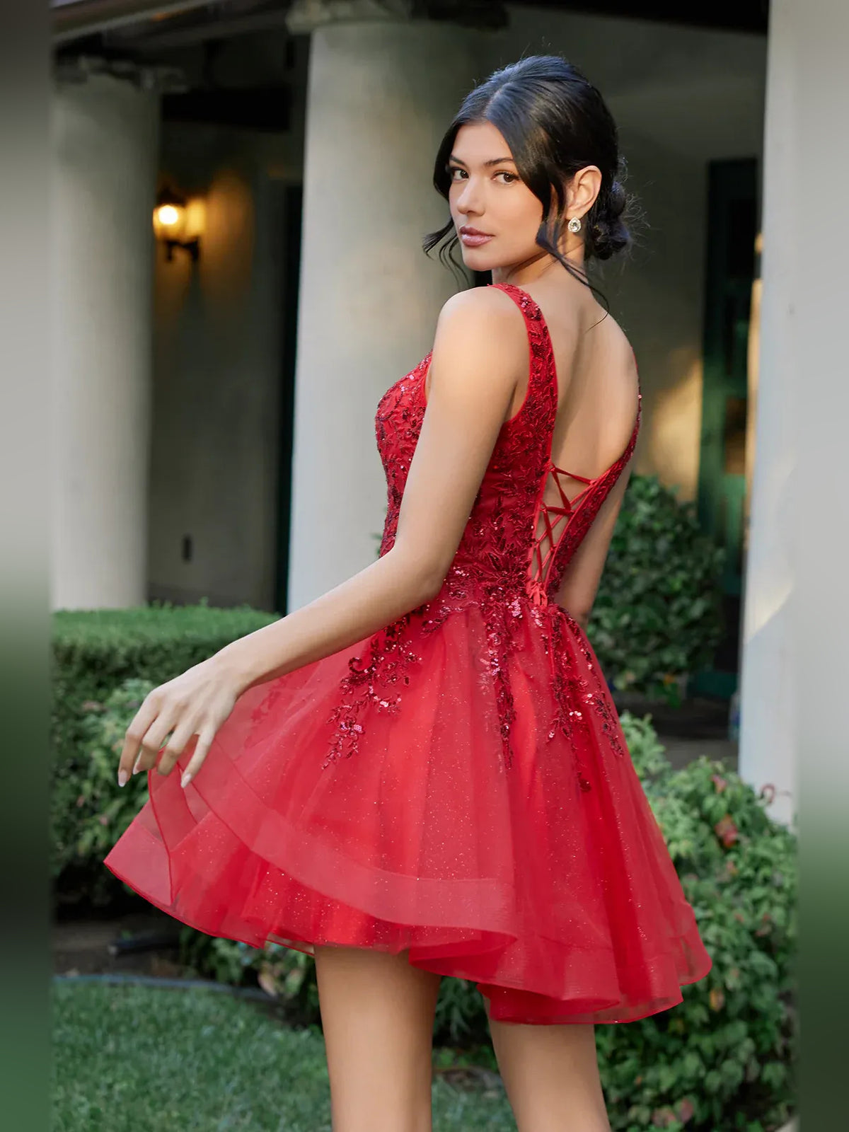 Pink short homecoming dress, alternate view showing the dress shape and hem