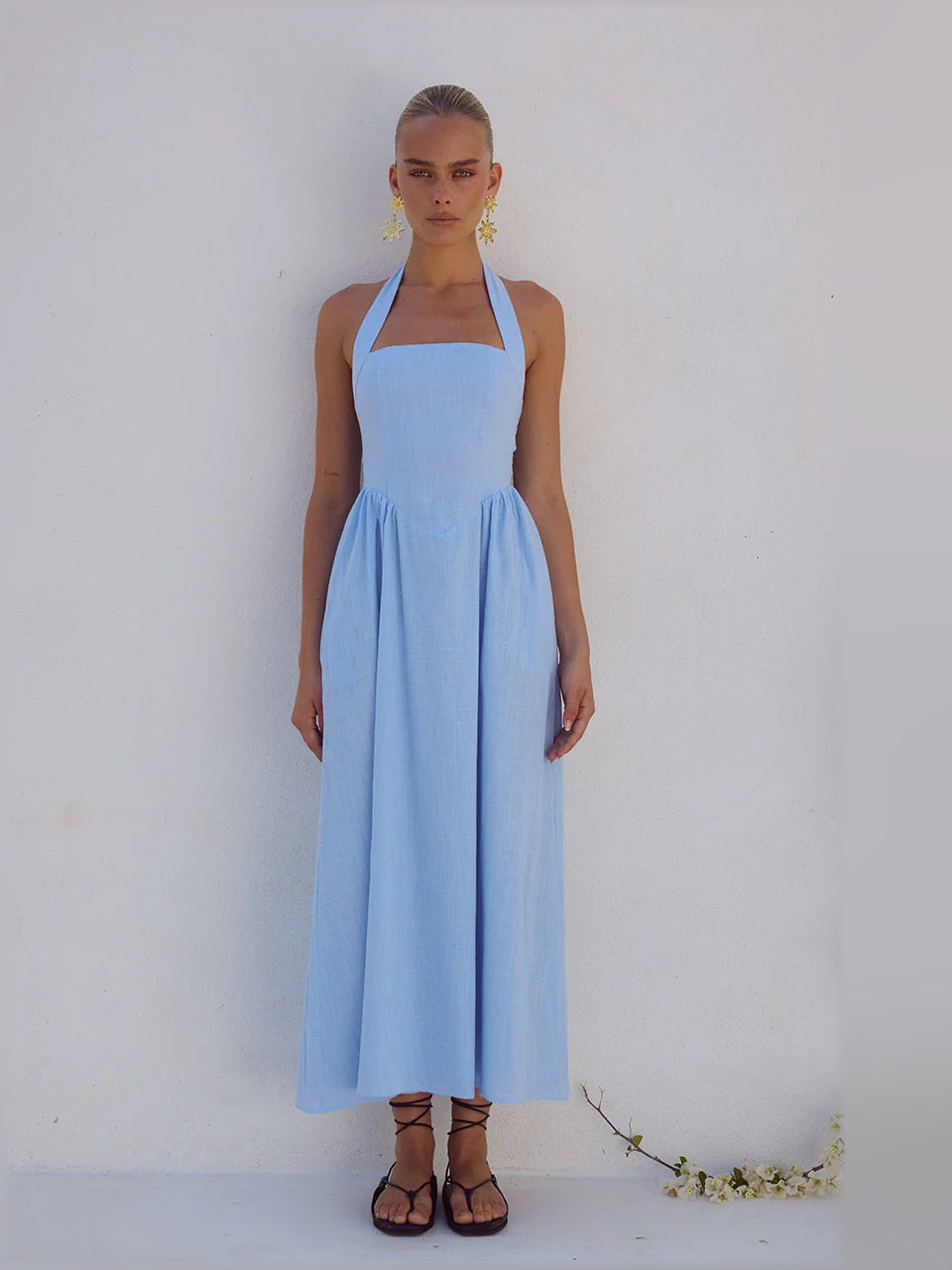 ICE BLUE a-line midi formal dress with halter neckline, alternate view showing the bodice