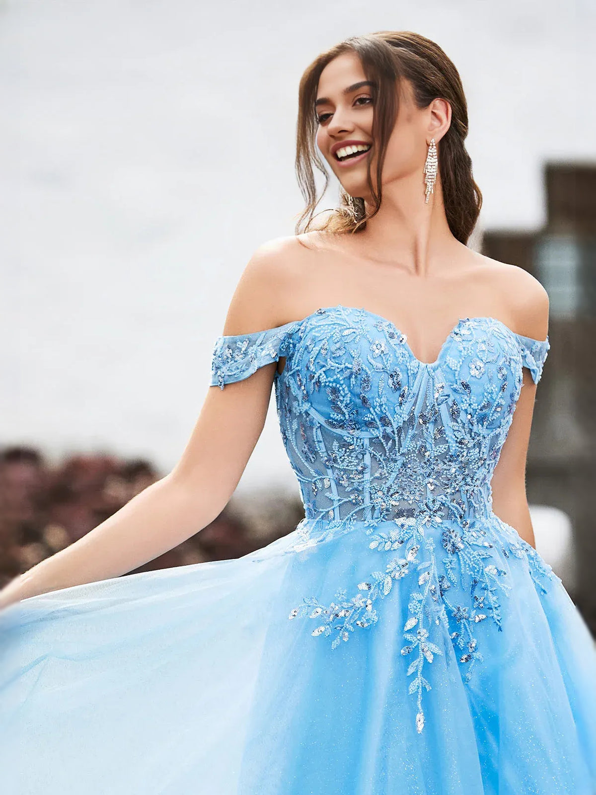Blue tea-length prom dress, alternate view showing the dress shape and hem