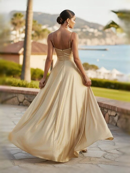 Gold floor-length prom dress, alternate view showing the dress shape and hem
