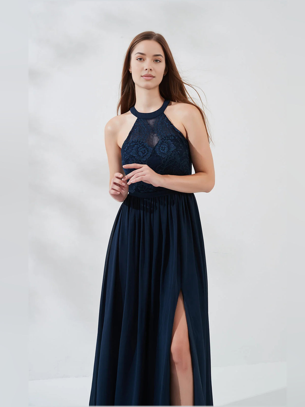 Dark Navy floor-length bridesmaid dress, alternate view showing the dress shape and hem
