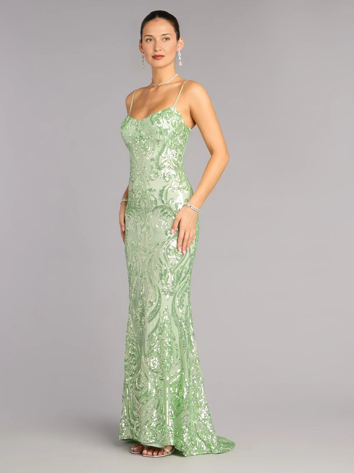 Sage Green floor-length prom dress, alternate view showing the dress shape and hem