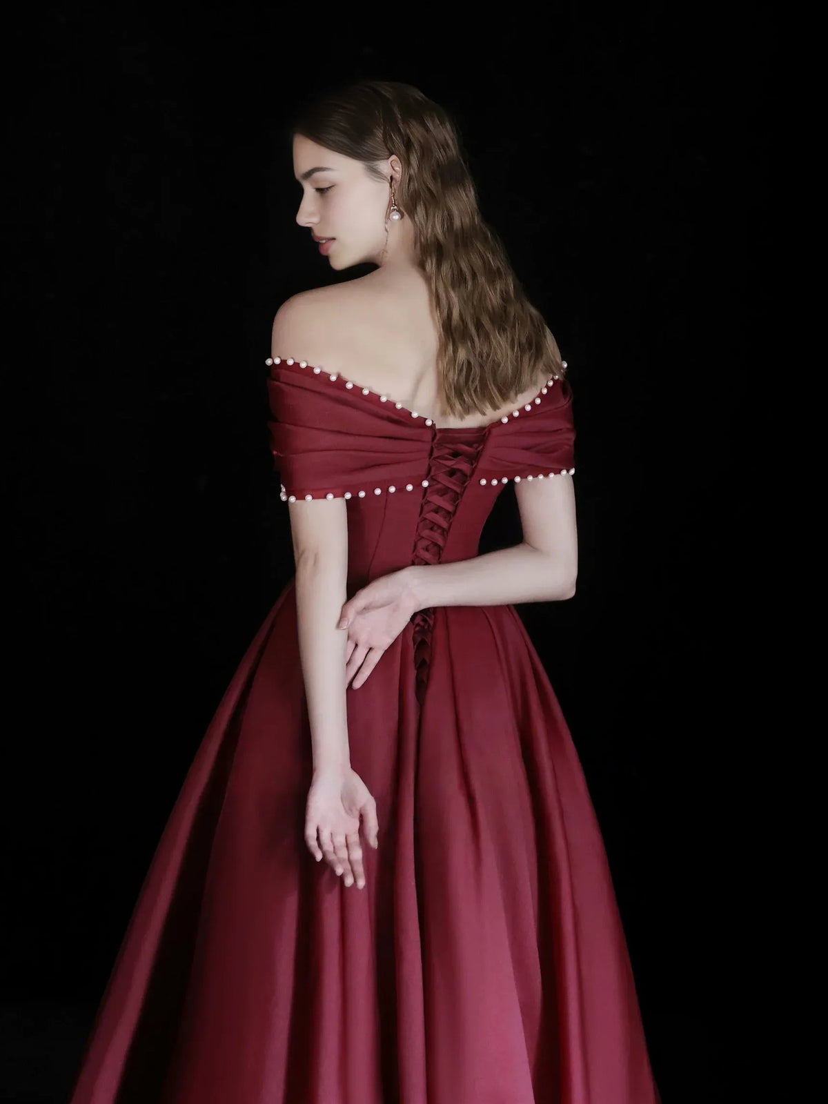 Burgundy a-line floor-length formal dress with corset-style bodice, alternate view