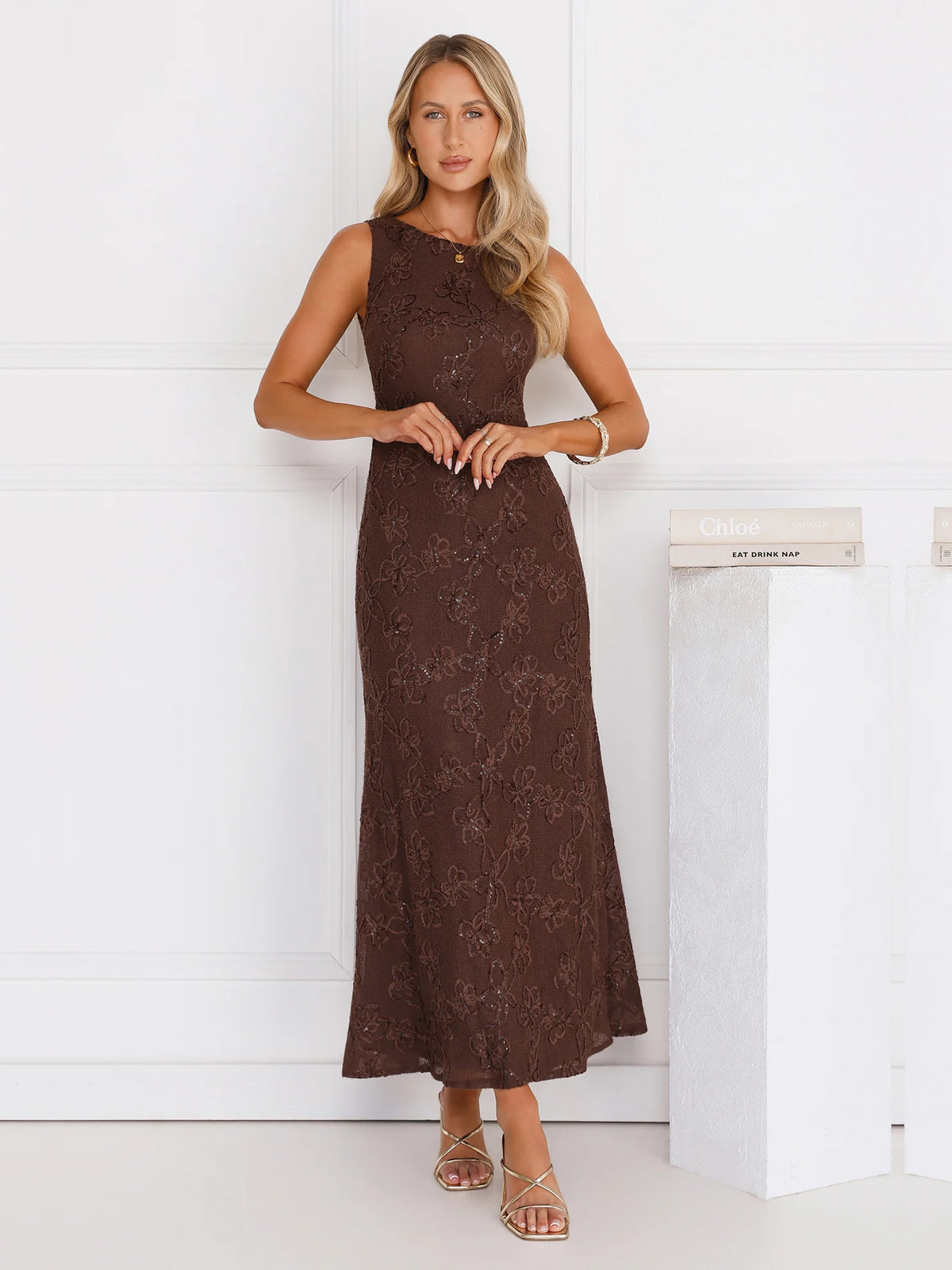 Brown a-line maxi formal dress with halter neckline, alternate view