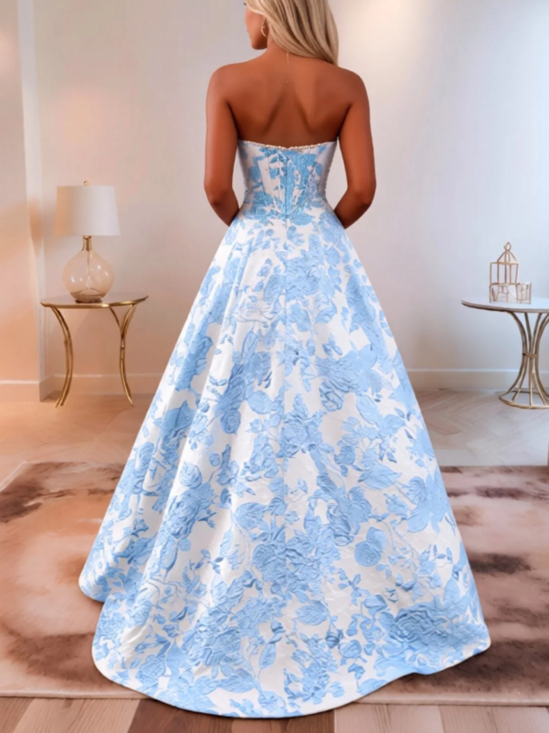 As Picture a-line floor-length formal dress with floral print, alternate view