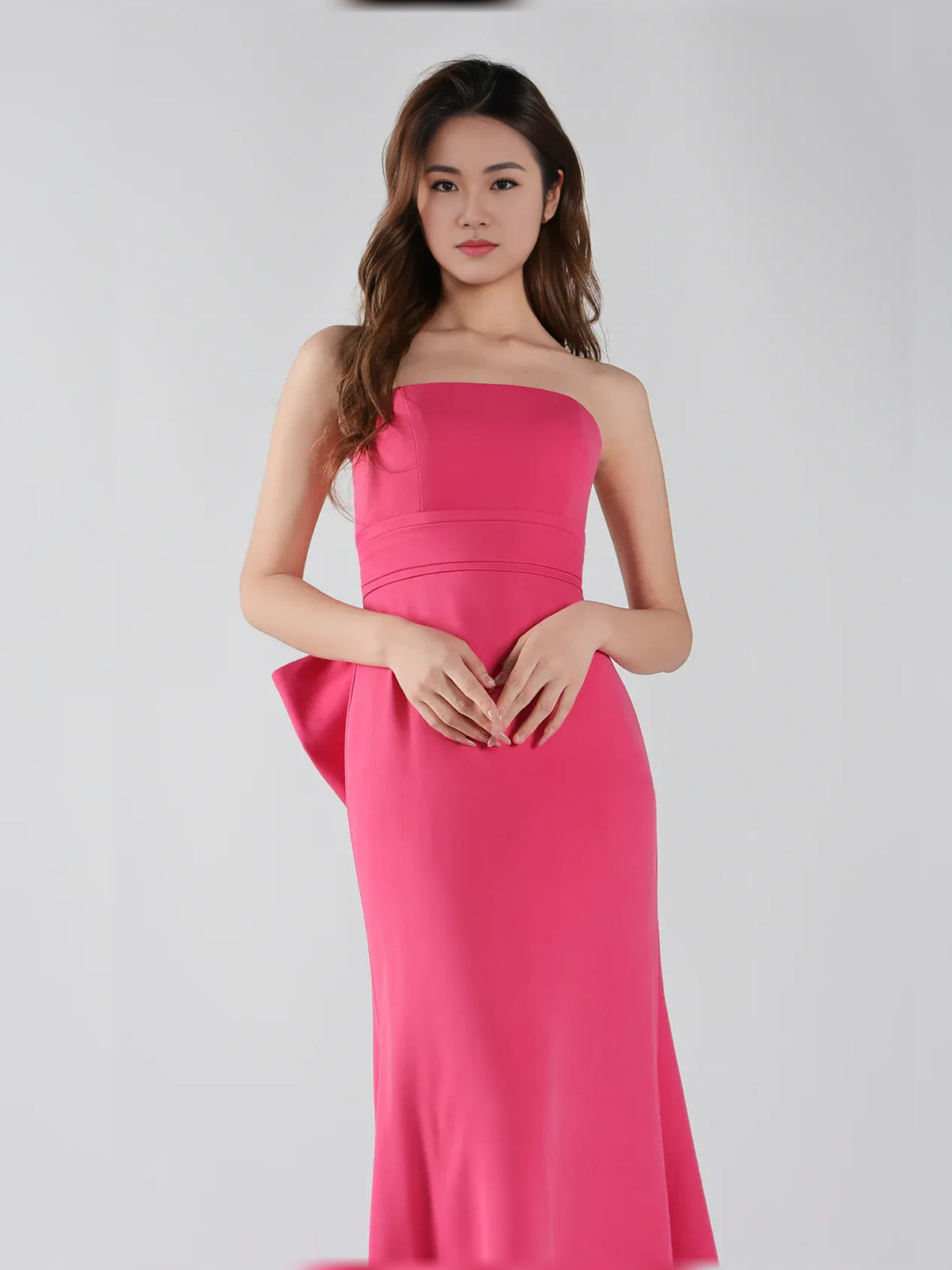 Hot Pink mermaid floor-length formal dress with bow detail, alternate view showing the bodice