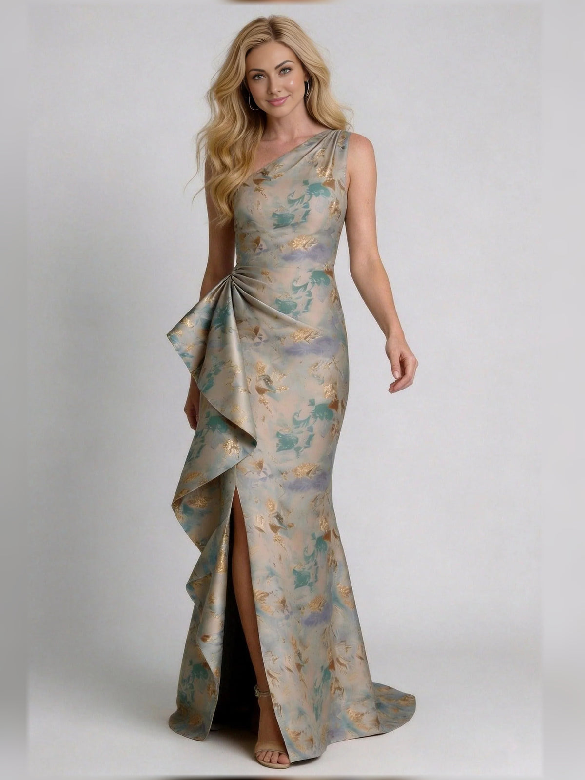 Light Blue floor-length mother of the bride dress, alternate view showing the dress shape and hem