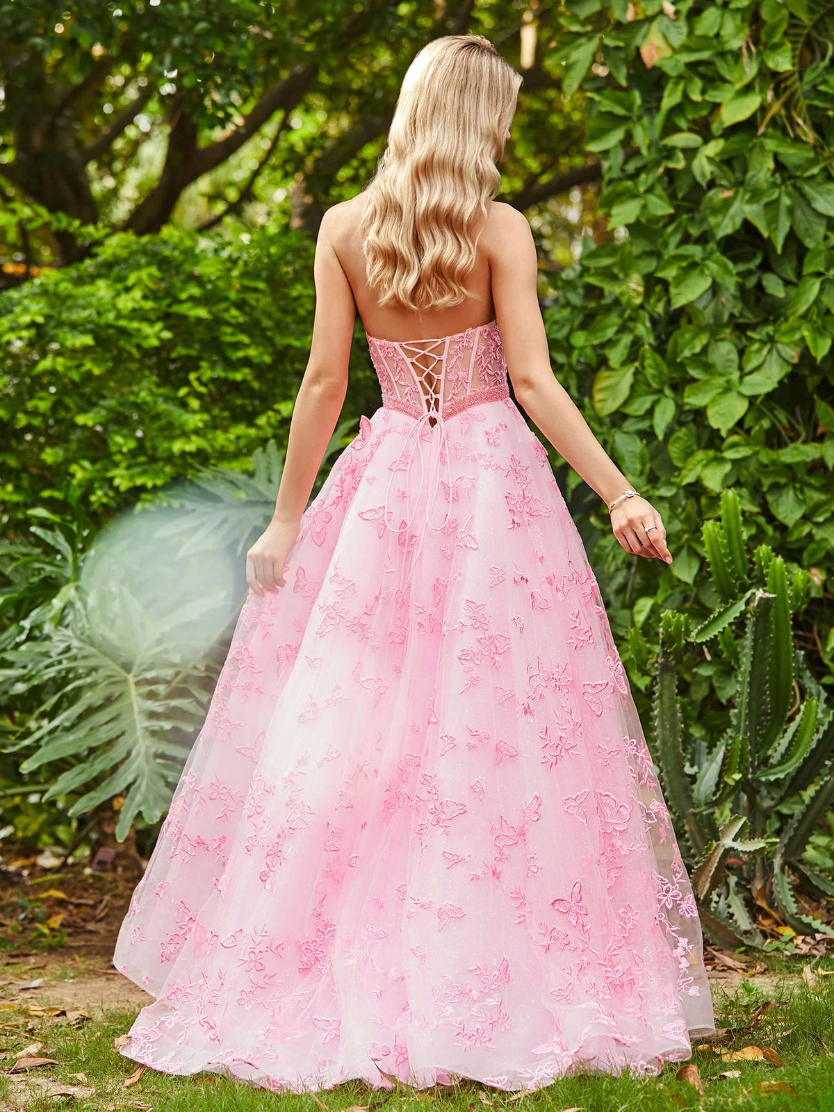 Pink floor-length prom dress, alternate view showing the dress shape and hem