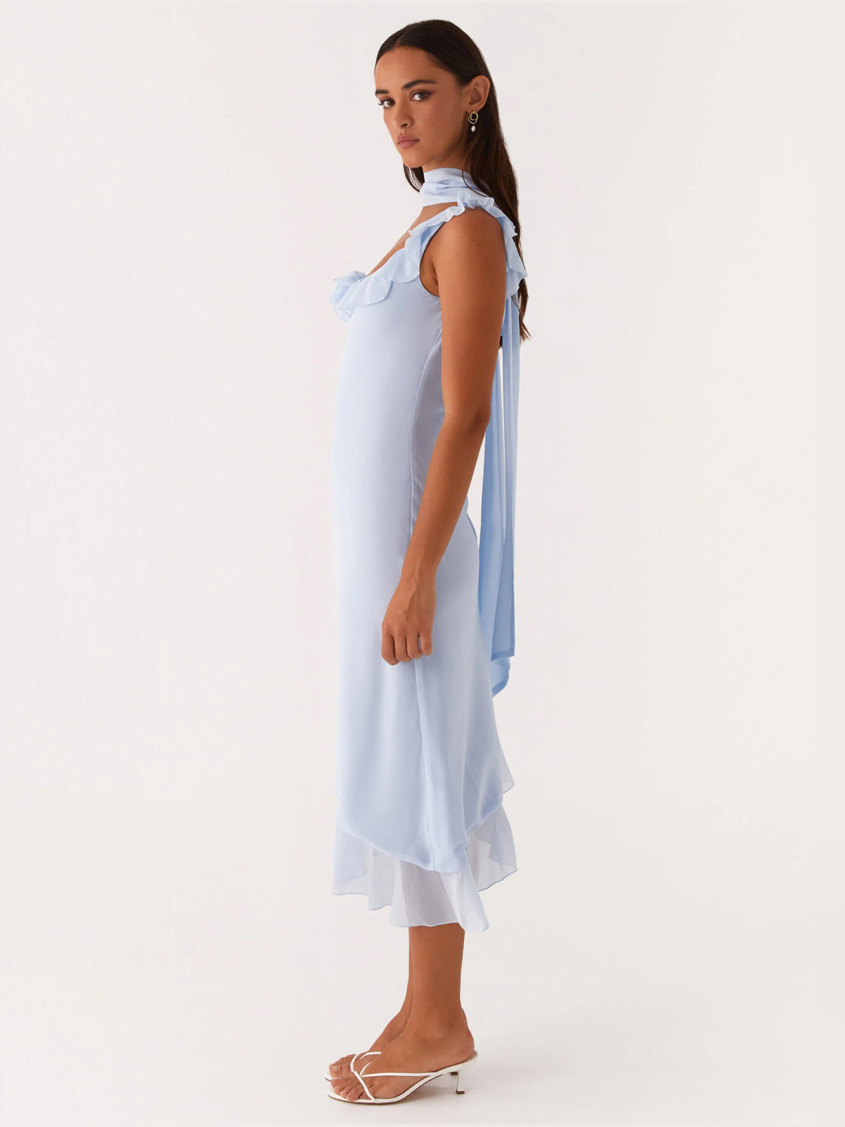Blue midi formal dress, alternate view showing the bodice