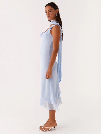 Blue midi formal dress, alternate view showing the bodice