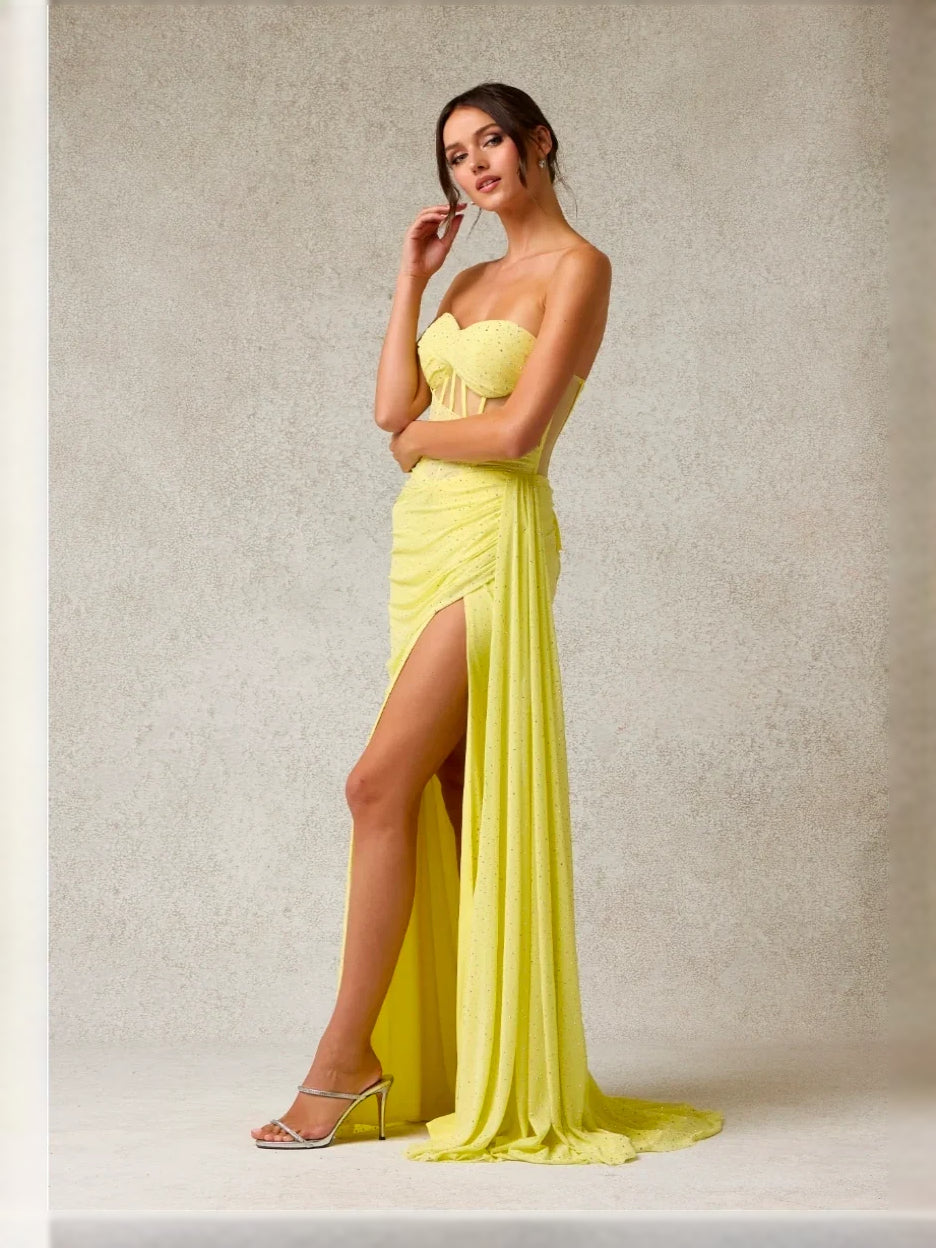 Yellow maxi prom dress, alternate view showing the dress shape and hem