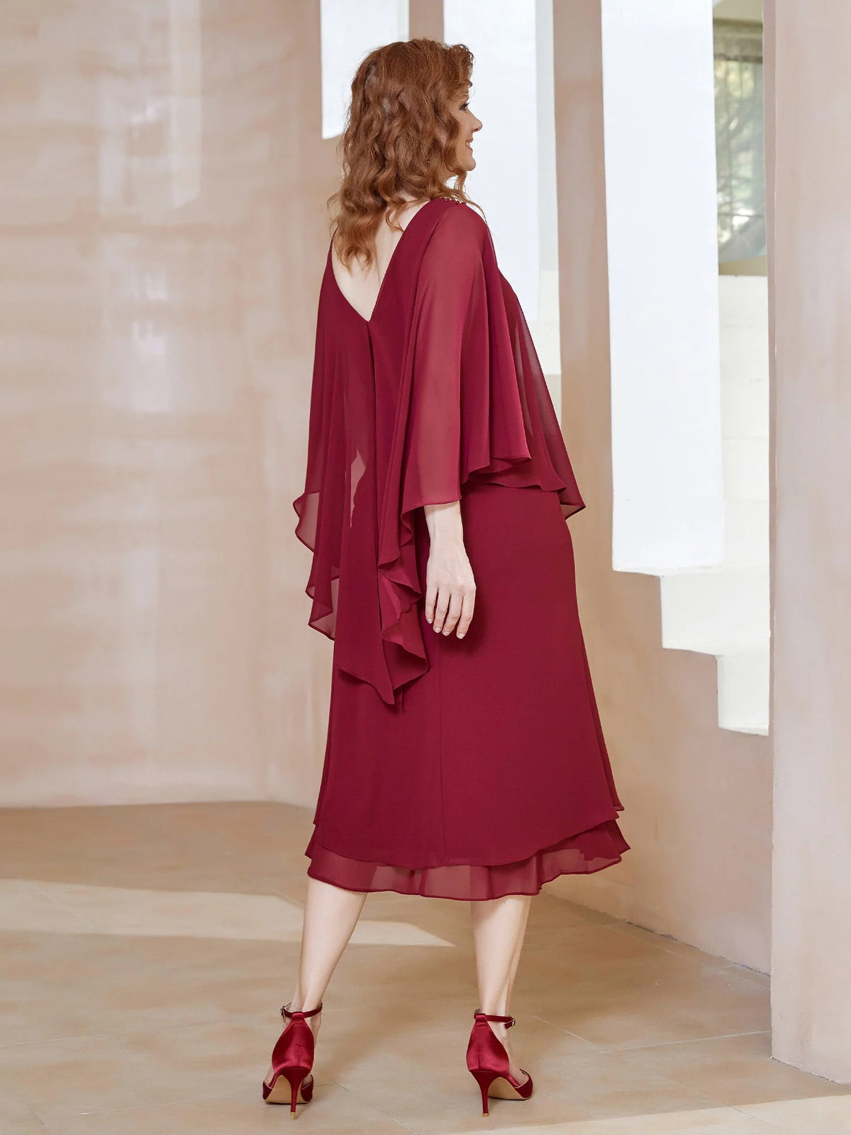 Burgundy midi mother of the bride dress, alternate view showing the dress shape and hem