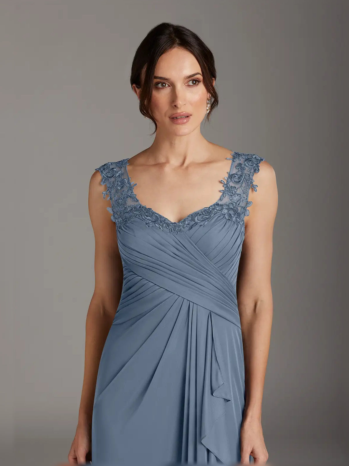 Dusty Blue maxi mother of the bride dress, alternate view showing the dress shape and hem