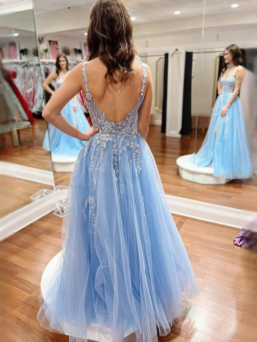Light Blue floor-length prom dress, alternate view showing the dress shape and hem