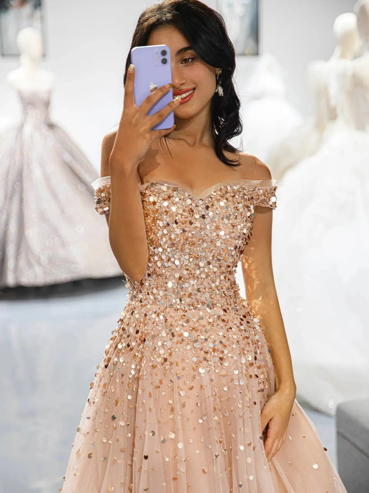 Champagne a-line floor-length formal dress with corset-style bodice, alternate view