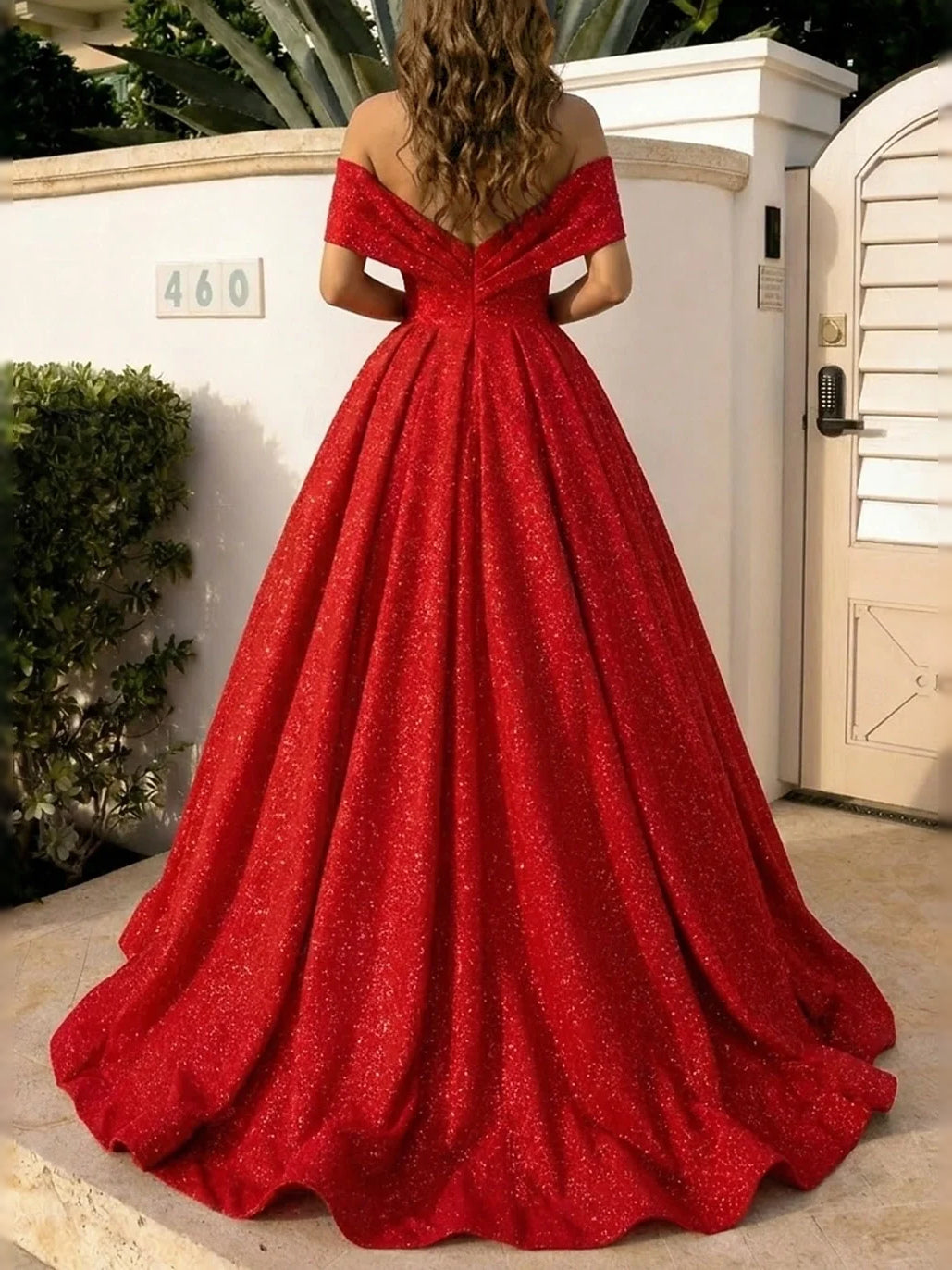 Red floor-length prom dress, alternate view showing the dress shape and hem