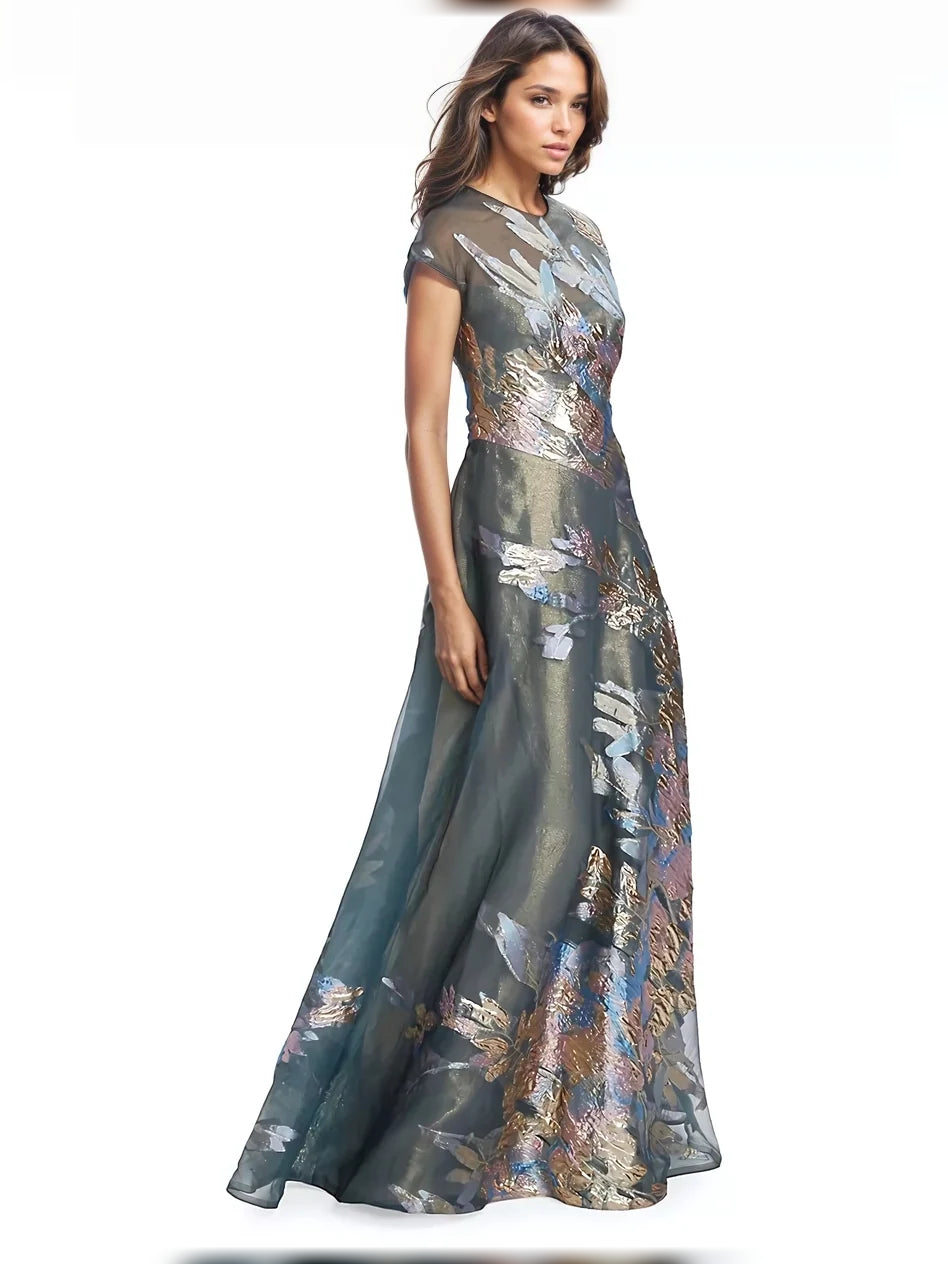 Floral Print short mother of the bride dress, alternate view showing the dress shape and hem