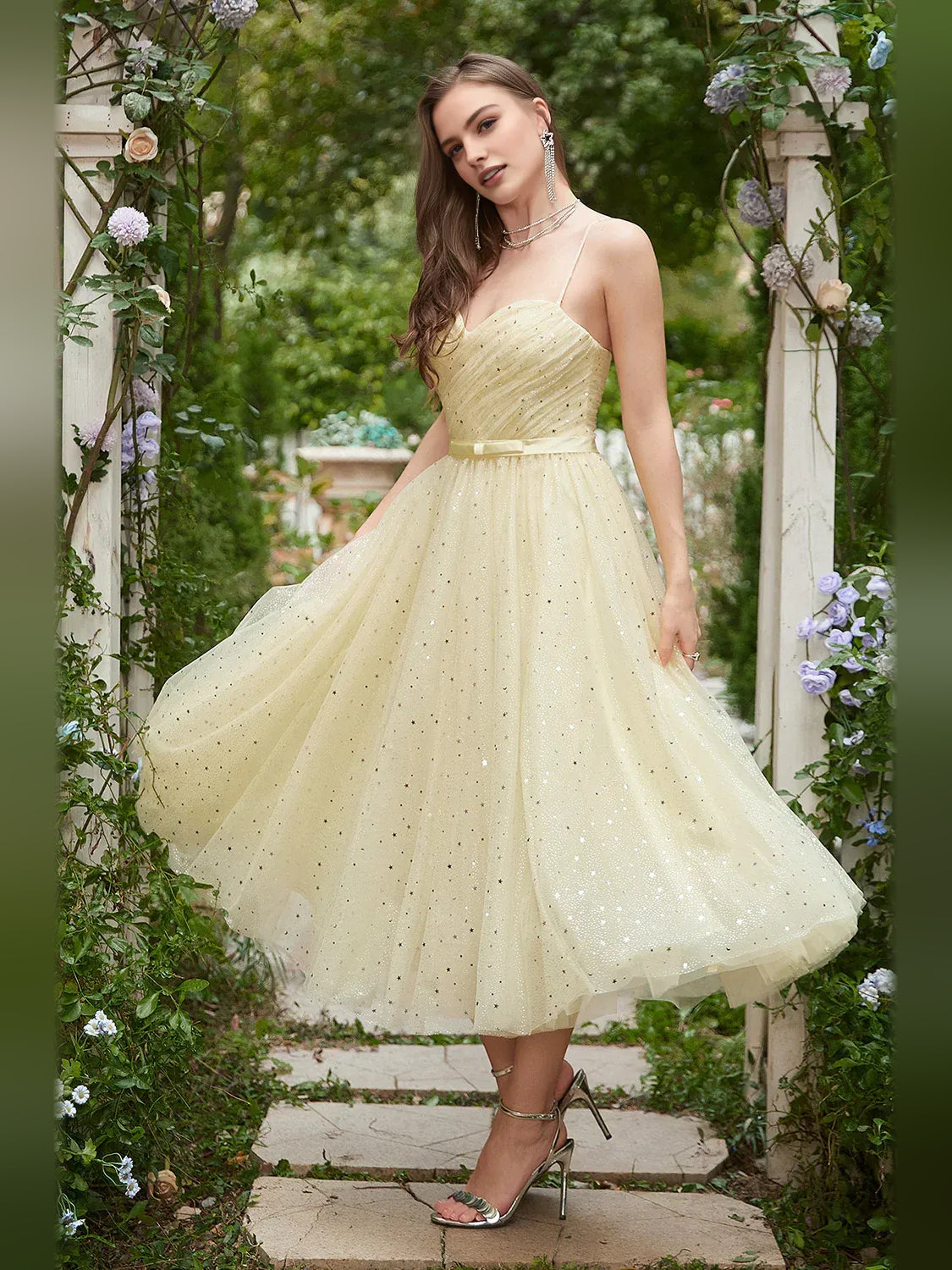 Pale Lemon tea-length homecoming dress, alternate view showing the dress shape and hem