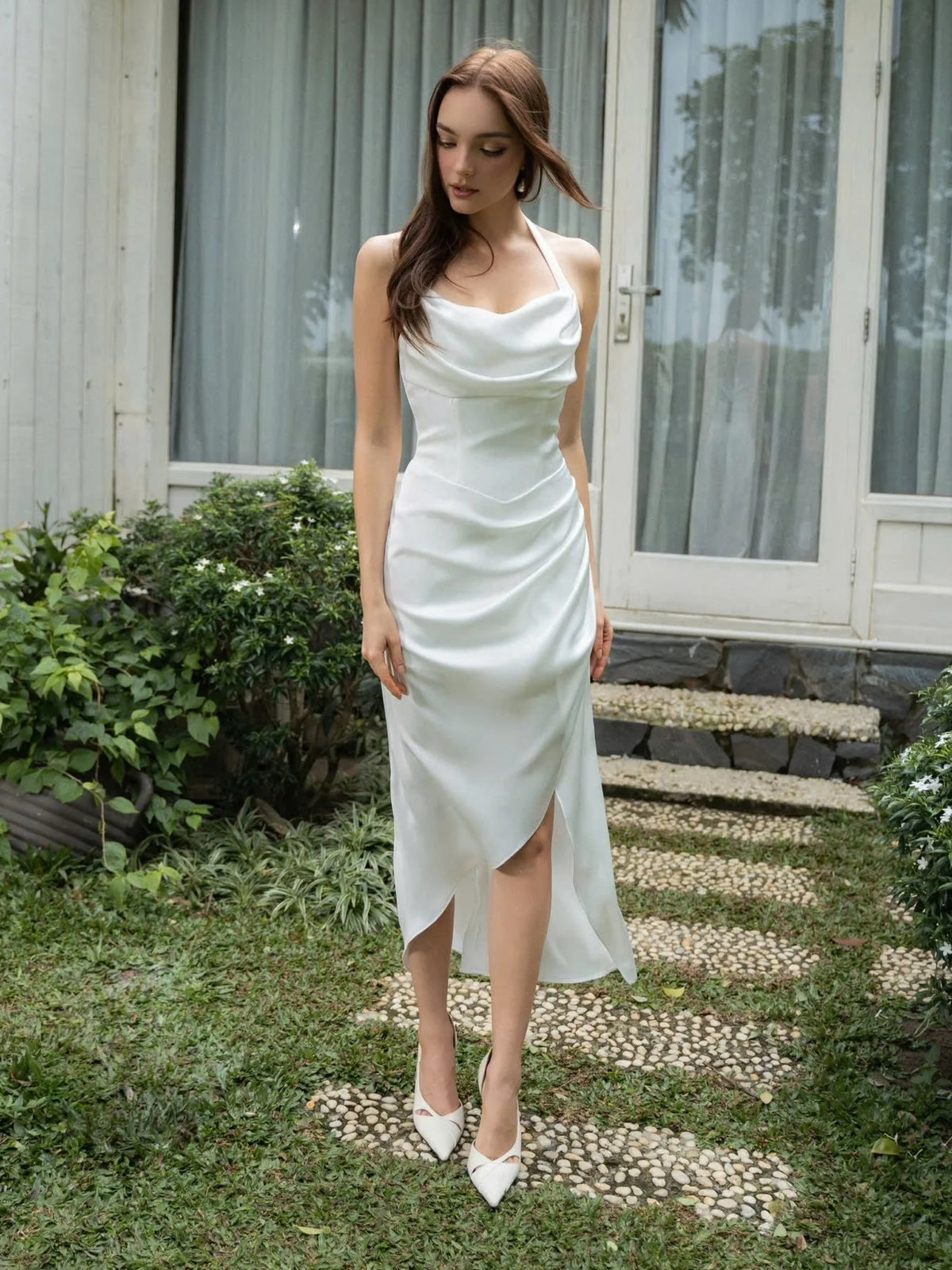 Ivory midi wedding dress, alternate view showing the dress shape and hem