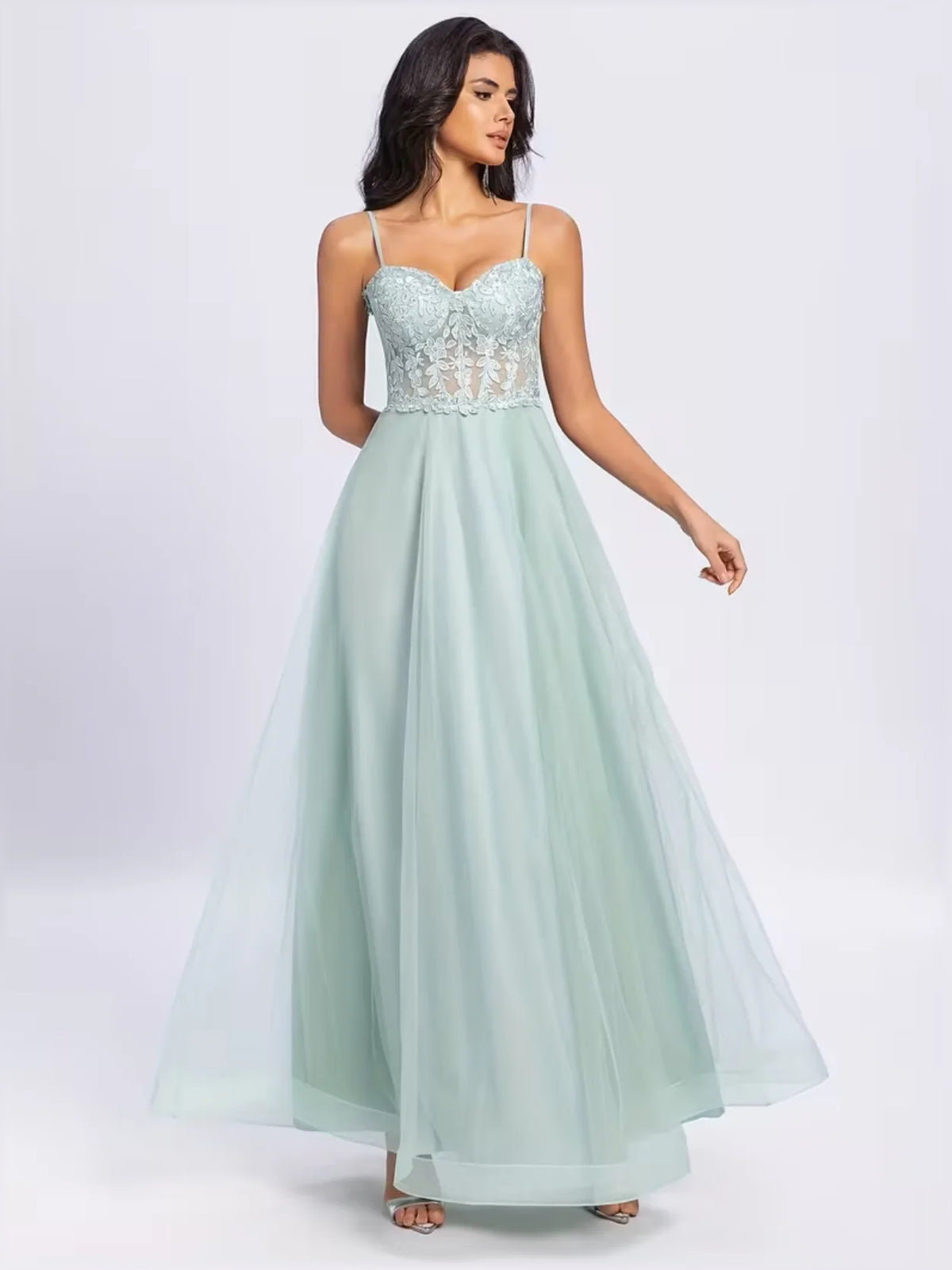 Mint Green mermaid floor-length formal dress with skirt slit, alternate view