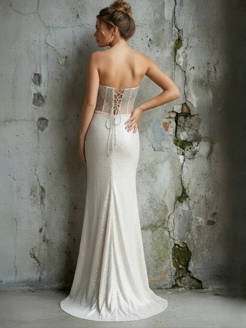 Champagne floor-length prom dress, alternate view showing the dress shape and hem