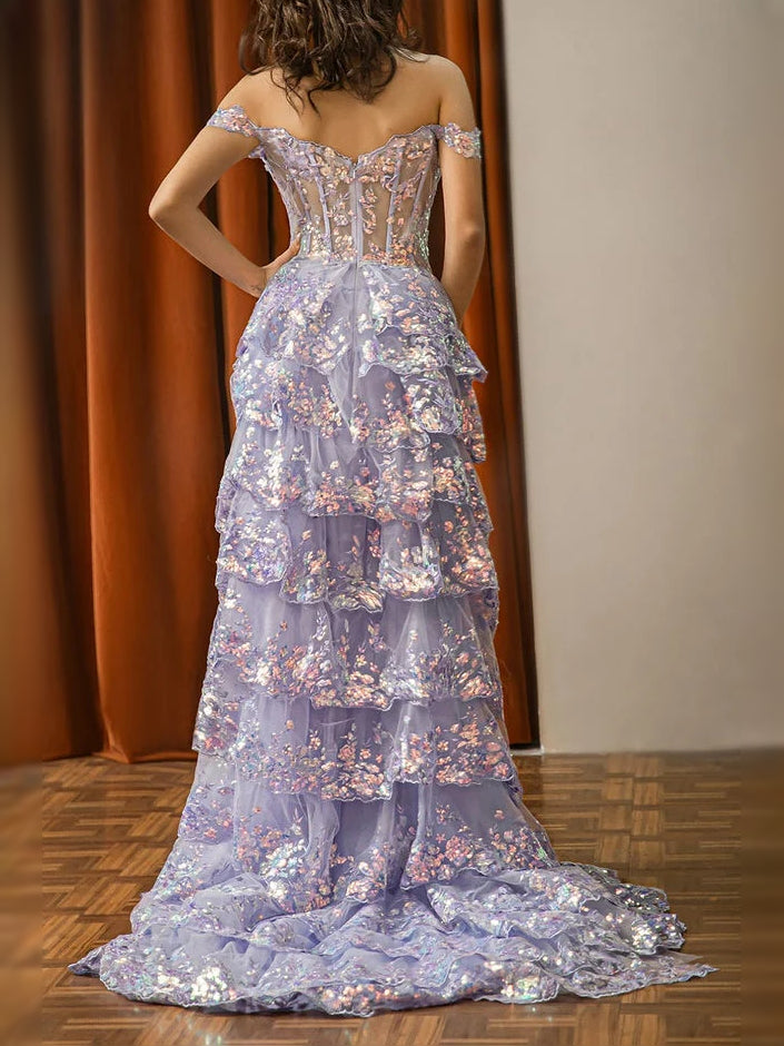 Lilac floor-length prom dress, alternate view showing the dress shape and hem