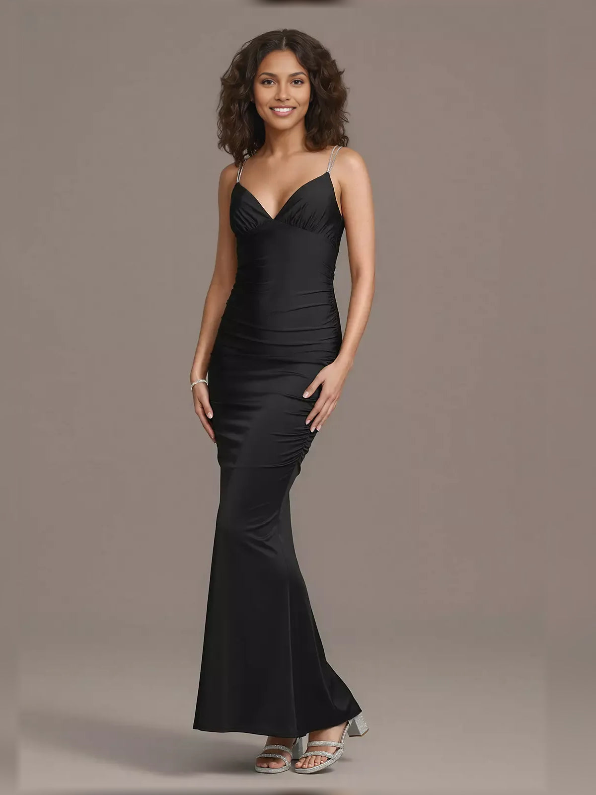 Black mermaid floor-length formal dress with ruching, alternate view