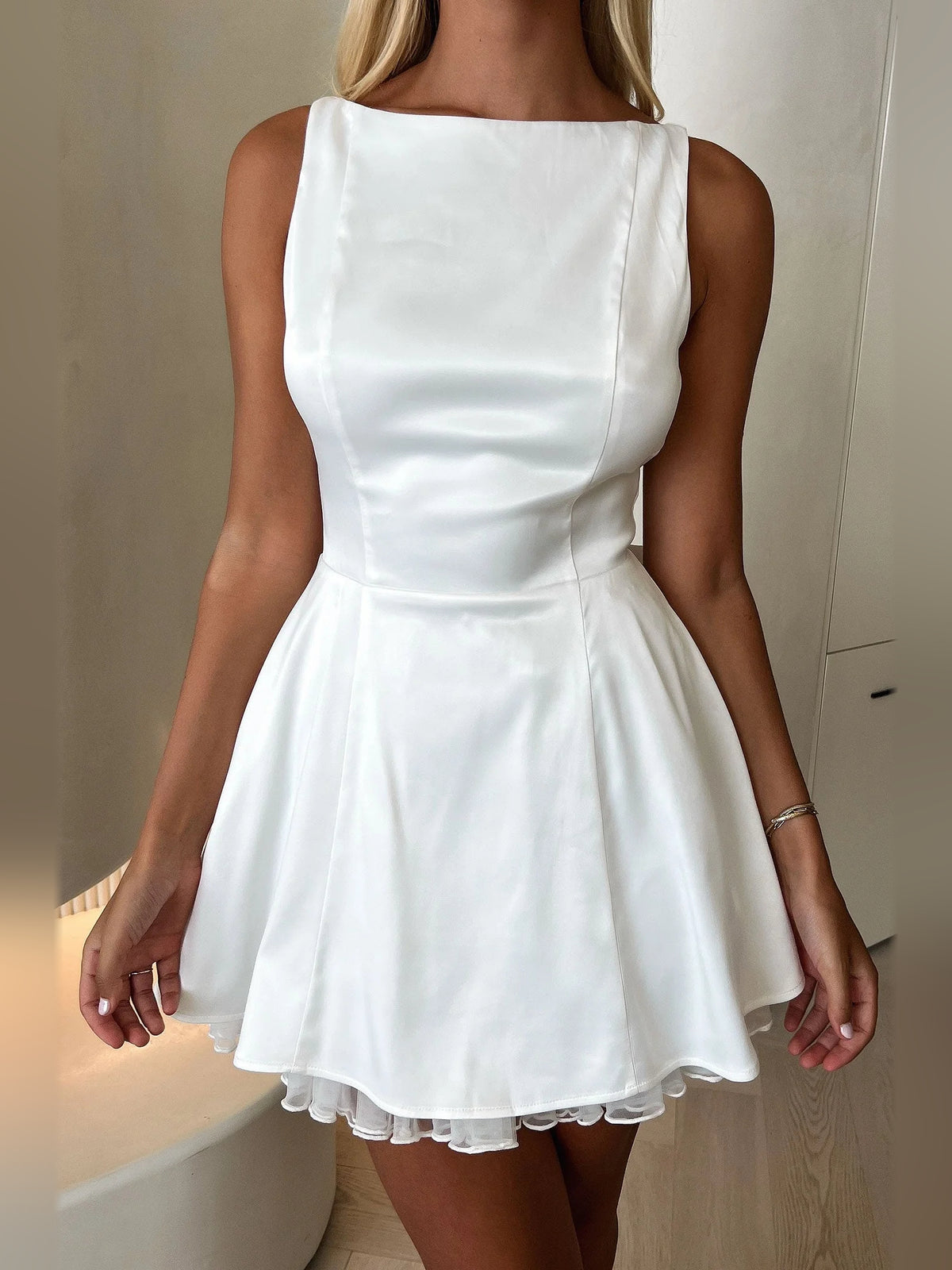 Ivory white mini homecoming dress, alternate view showing the dress shape and hem