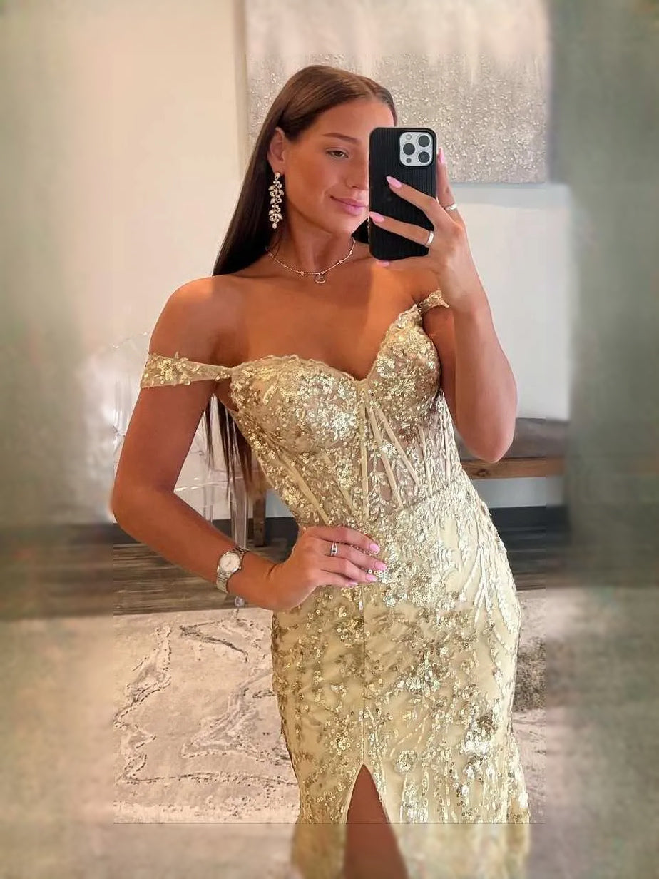 Gold floor-length prom dress, alternate view showing the dress shape and hem