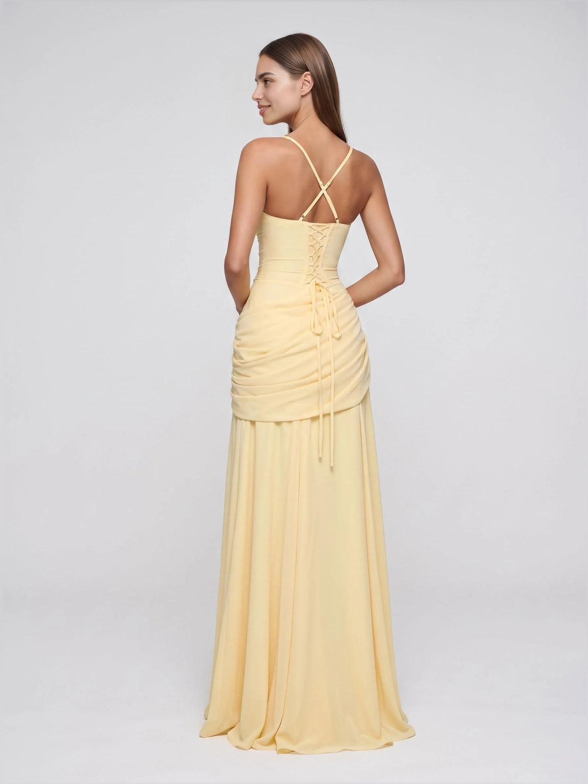 Pale Lemon floor-length bridesmaid dress, alternate view showing the dress shape and hem