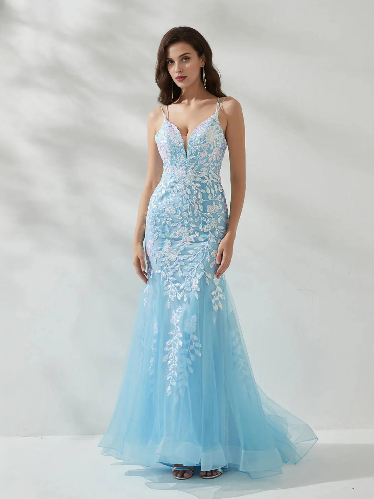 Light Blue floor-length prom dress, alternate view showing the dress shape and hem