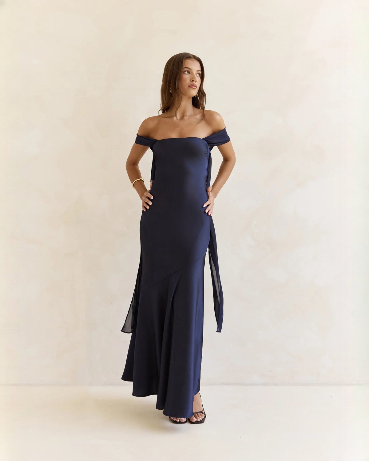 off-shoulder satin a-line maxi bridesmaid dress - image 3
