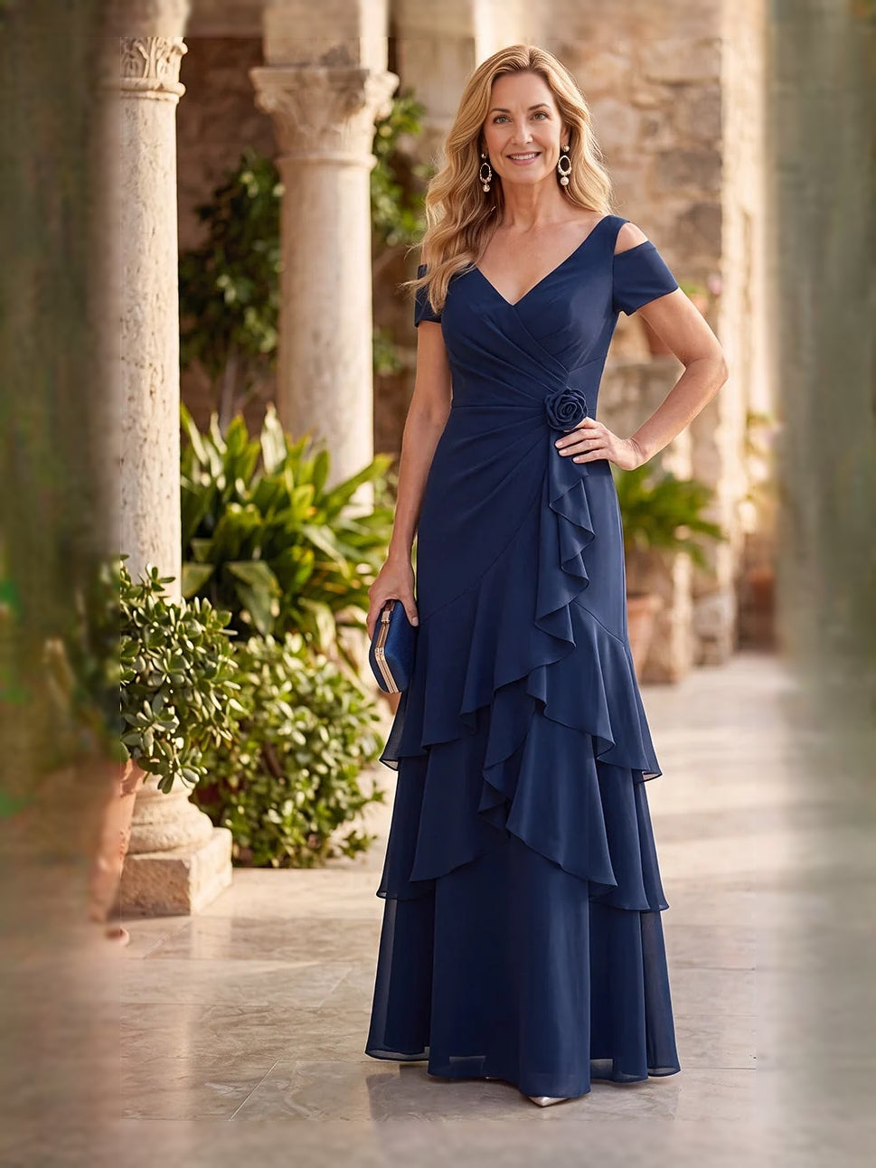 Dark Blue maxi mother of the bride dress, alternate view showing the dress shape and hem