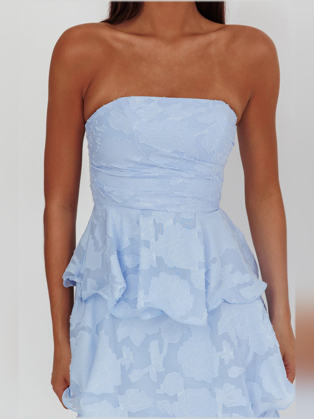 Blue midi formal dress with floral print, alternate view showing the bodice