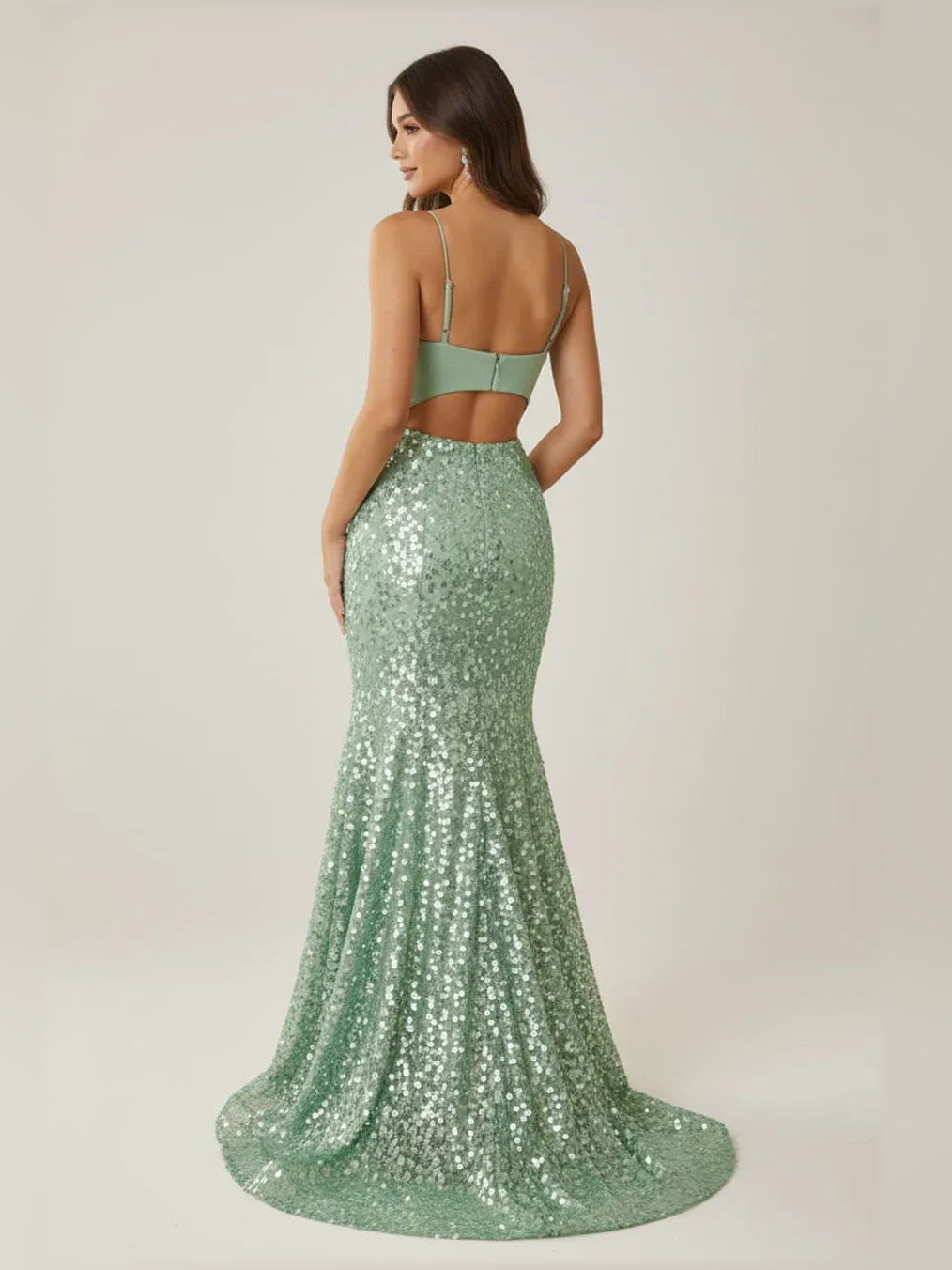 Yellow mermaid floor-length formal dress with sequins, alternate view