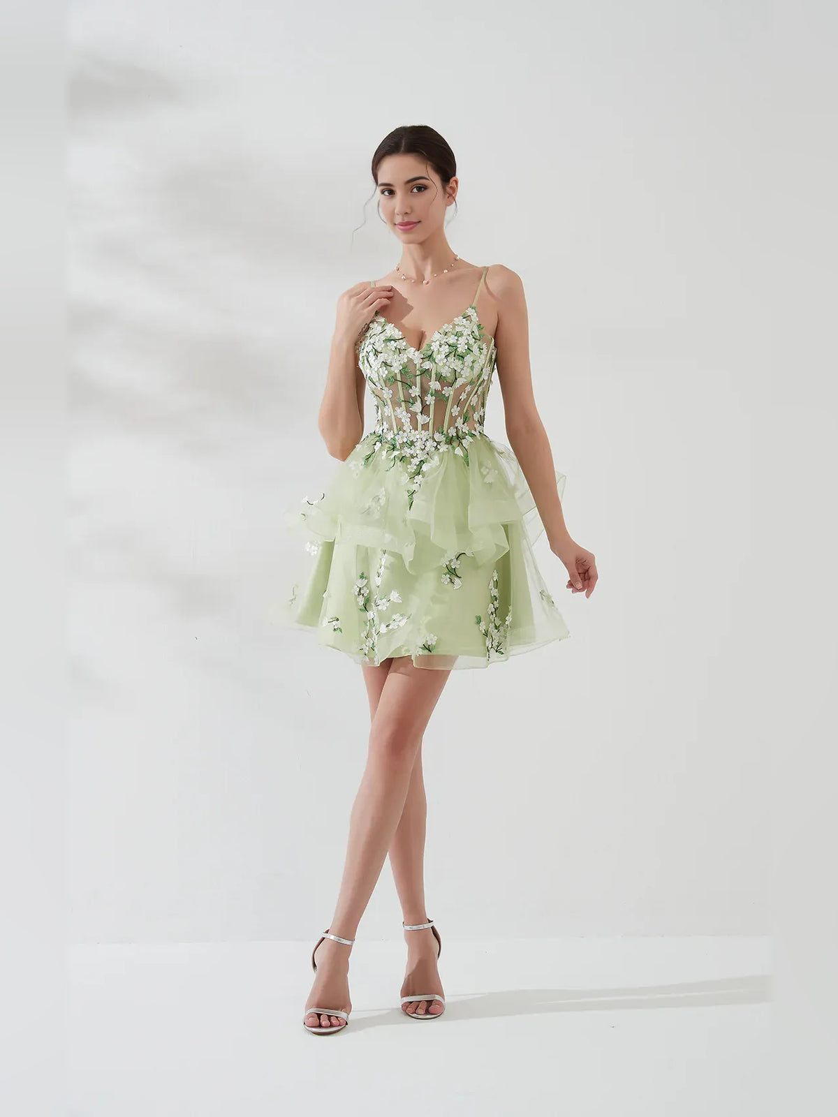 Sage Green mini homecoming dress, alternate view showing the dress shape and hem
