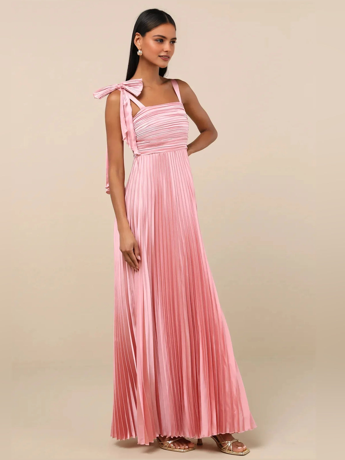 Blush Pink maxi bridesmaid dress, alternate view showing the dress shape and hem