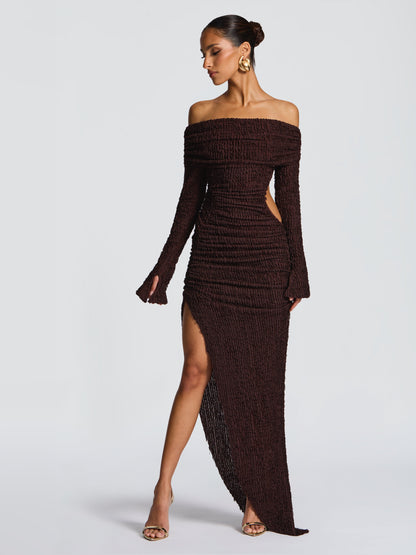 Brown midi formal dress, alternate view showing the bodice