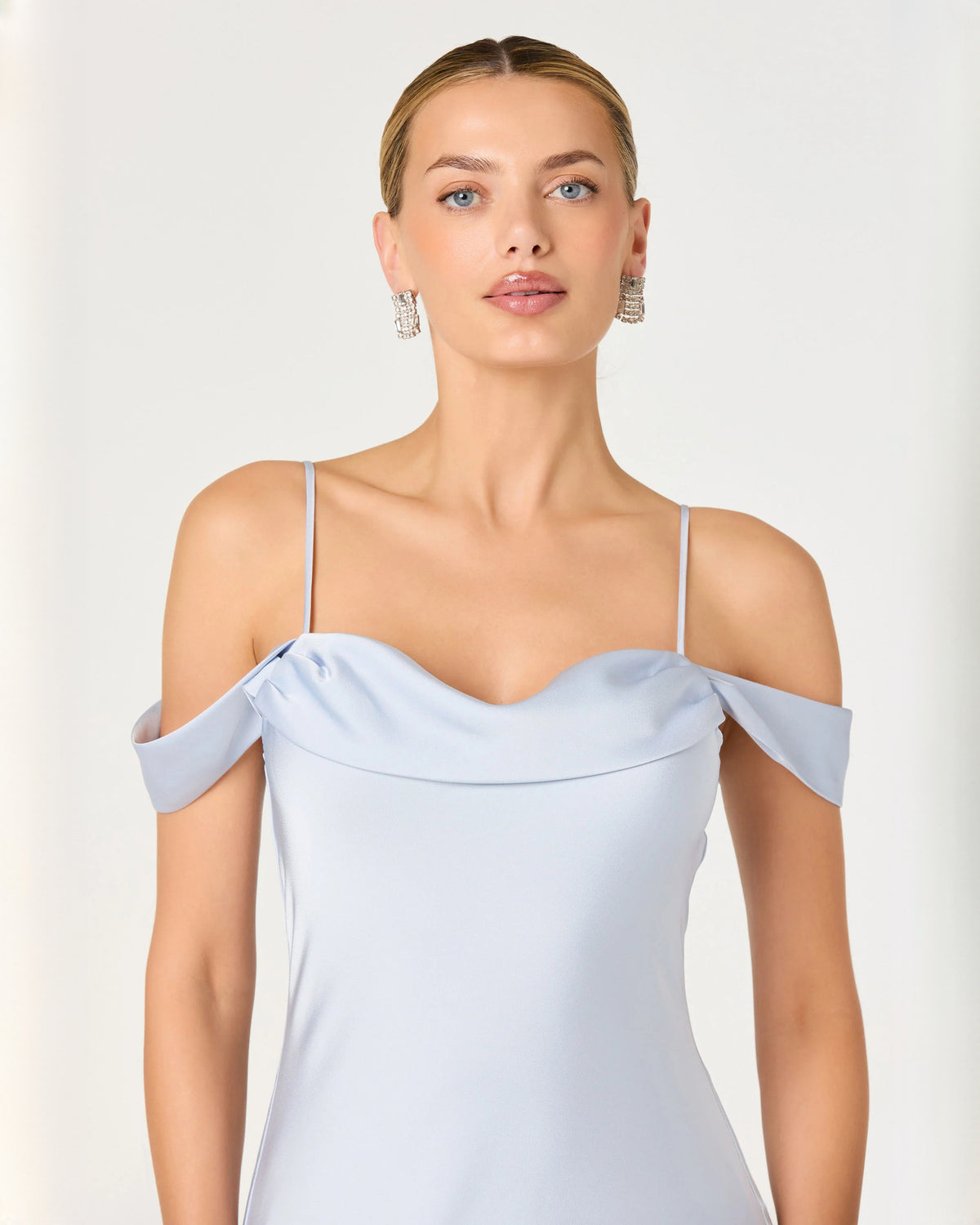 off-shoulder satin a-line midi bridesmaid dress - image 3