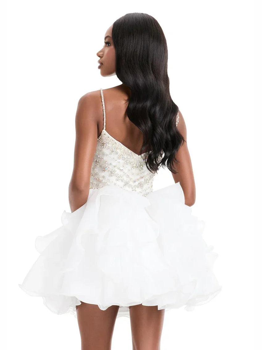 Hot Pink mini homecoming dress, alternate view showing the dress shape and hem