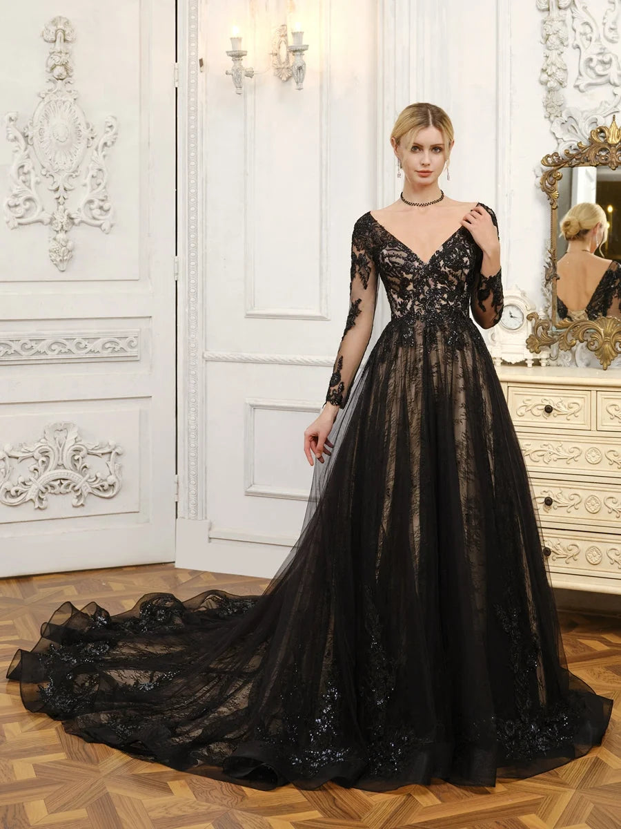 Black floor-length wedding dress, alternate view showing the dress shape and hem