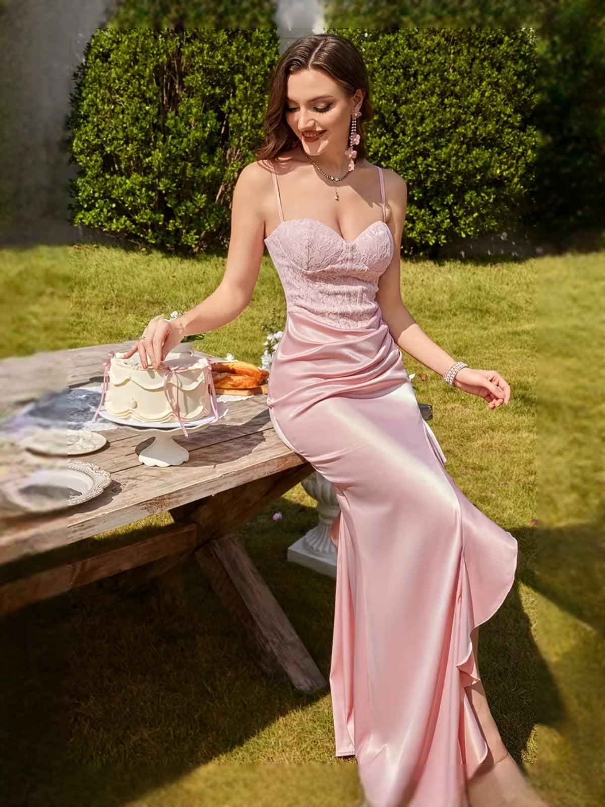 Pearl Pink maxi prom dress, alternate view showing the dress shape and hem