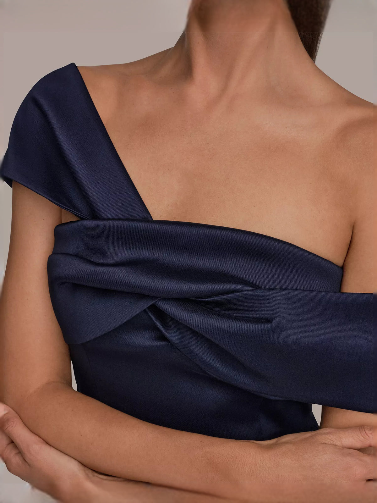 Navy Blue mermaid floor-length formal dress with one-shoulder neckline, alternate view showing the bodice