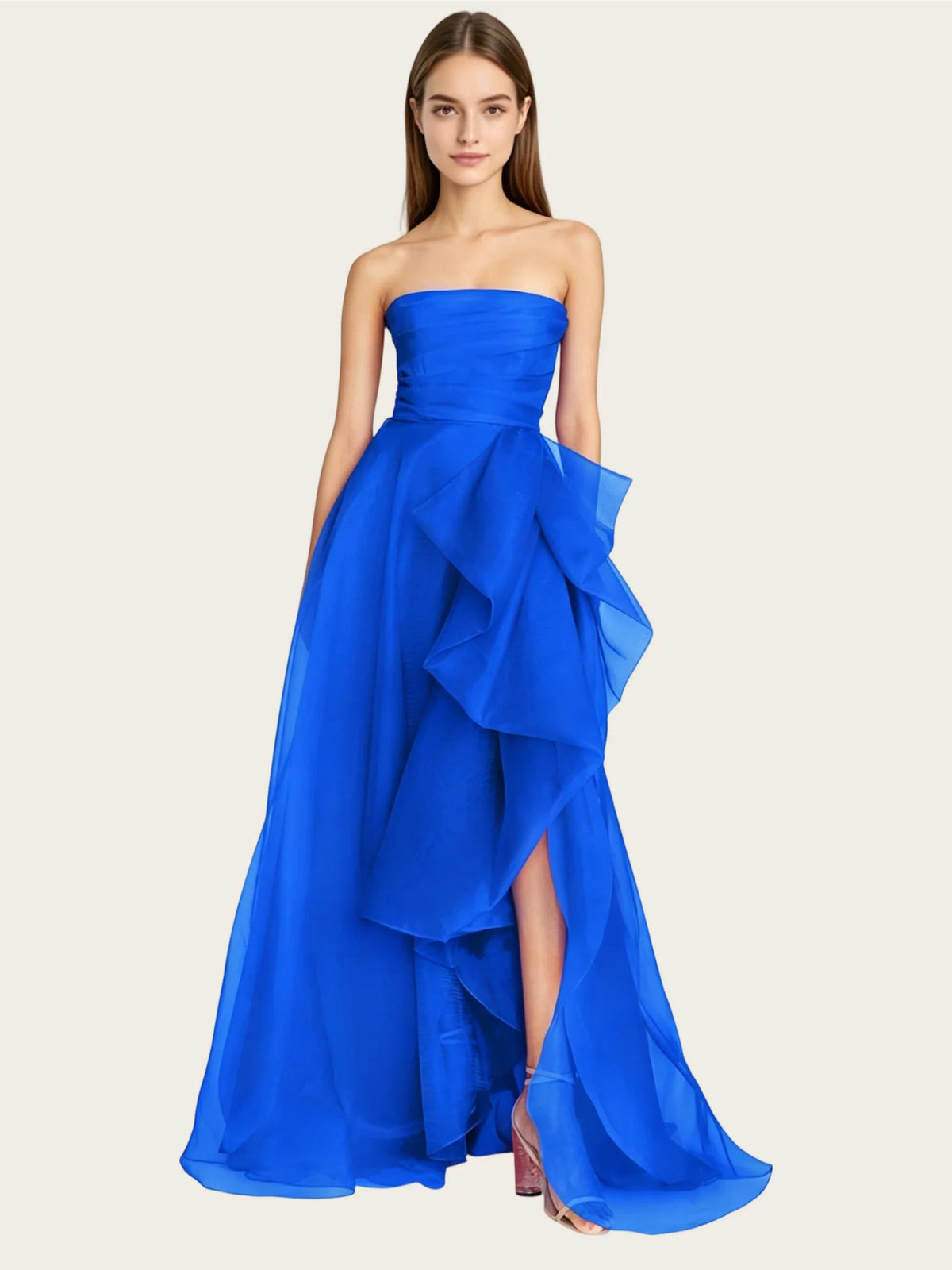 Fuchsia a-line floor-length formal dress with ruffle details, alternate view