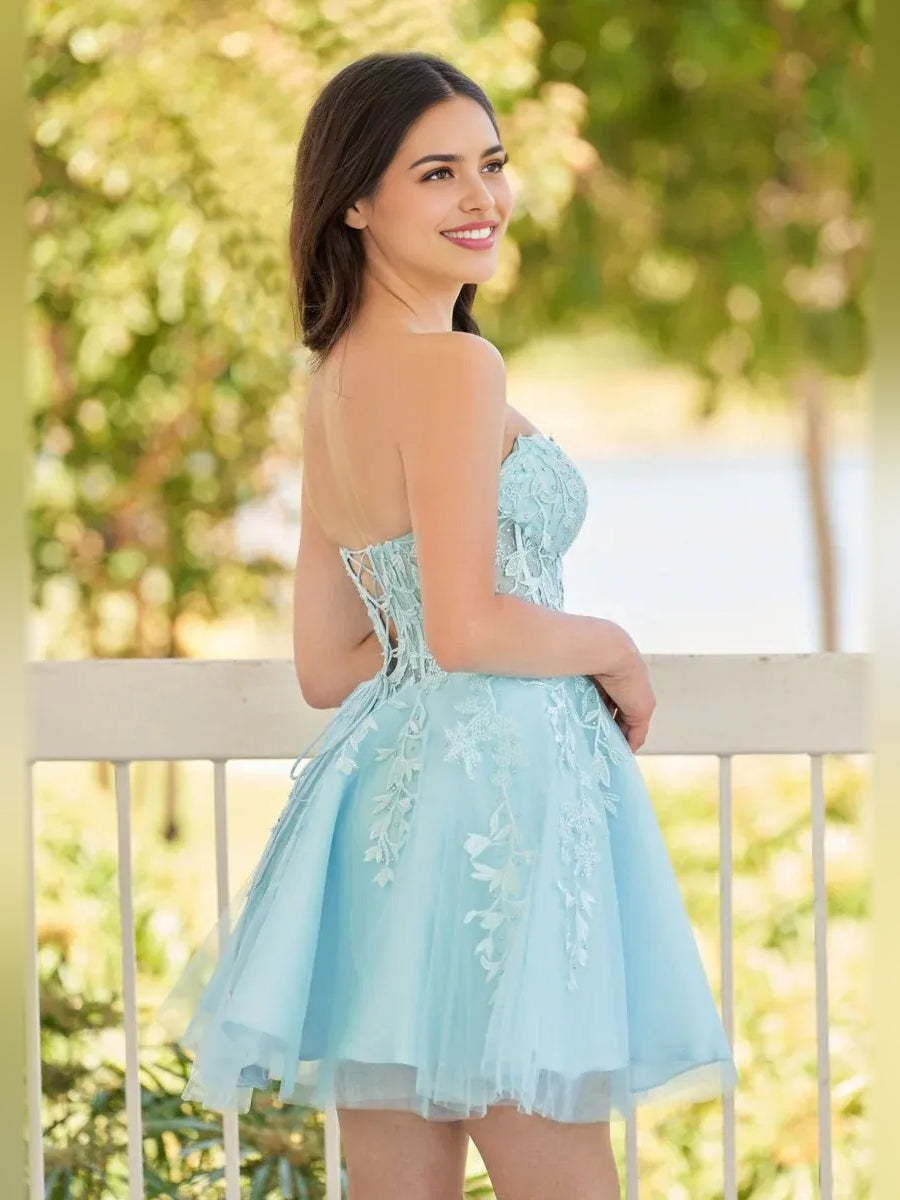 Baby Blue mini homecoming dress, alternate view showing the dress shape and hem