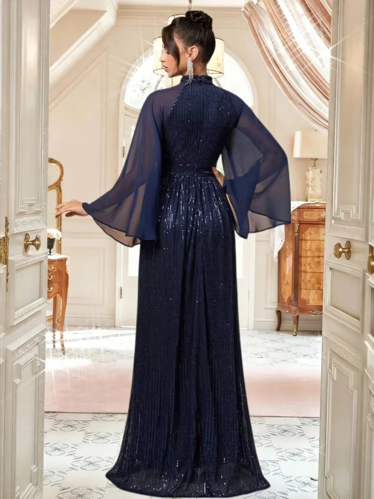 Champagne floor-length prom dress, alternate view showing the dress shape and hem